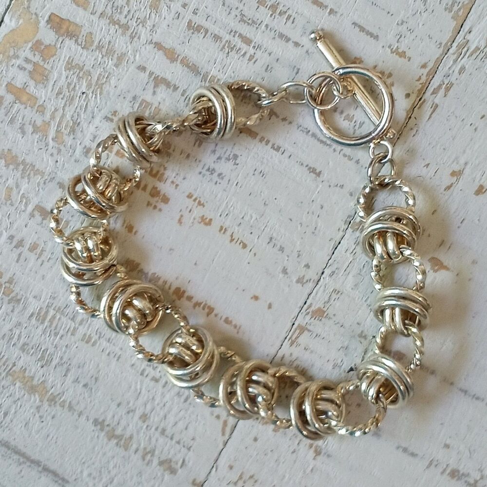 Sterling Silver 925 Double Link Bracelet 7" Smooth Textured Twisted Links Toggle